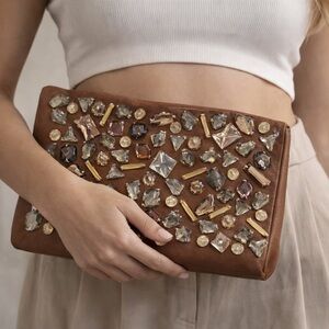 ✨ Statement Embellished Leather Clutch – Neutral Gemstone Studded ✨Vegan Leather